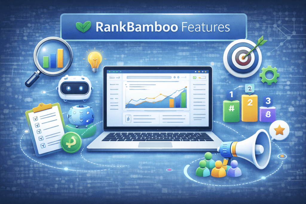 Overview of RankBamboo features showing AI visibility tracking, competitor insights, and optimization tools