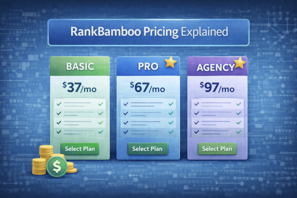 Visual overview of RankBamboo pricing structure including the core plan and optional upgrades